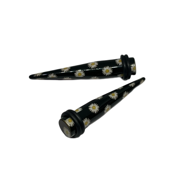 0G Black Long Acrylic Tapers with Daisies