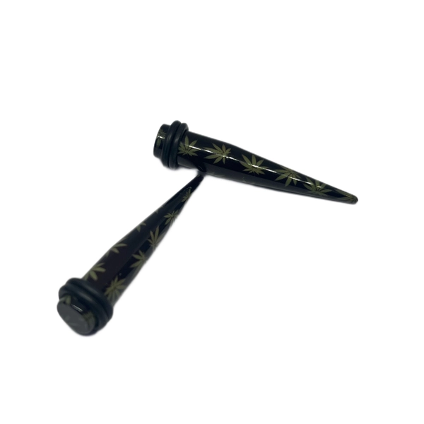 0G Black Long Acrylic Tapers with Green Leaves