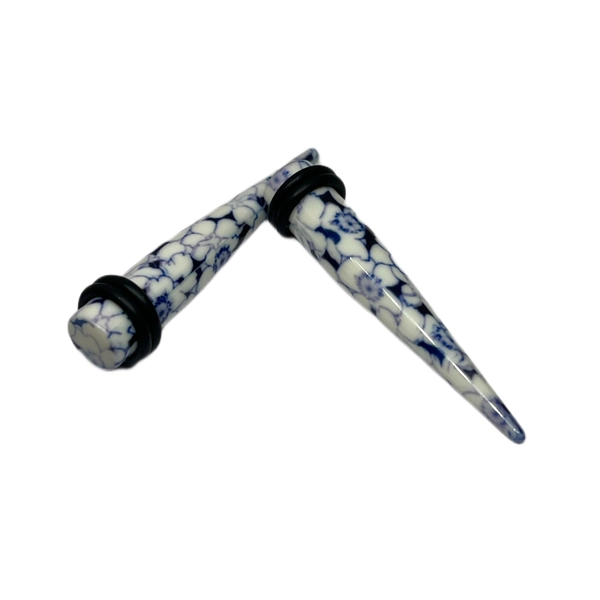 0G Blue Flower Print Long Acrylic Tapers