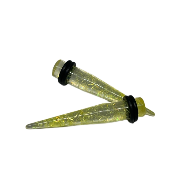 0G Clear Acrylic Long Tapers with Yellow Glitter