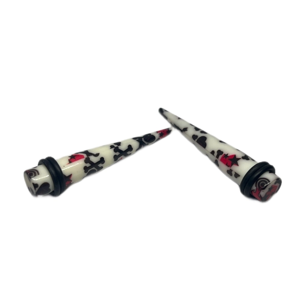 0G White with Black Heart Skull & Star Long Acrylic Tapers