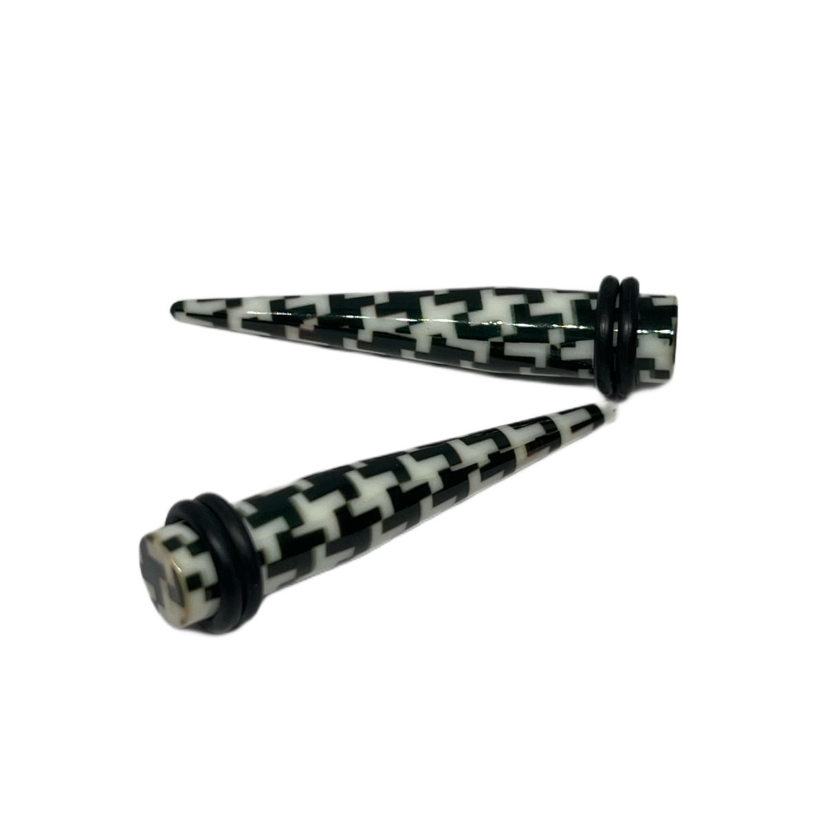 0G White with Black Pattern Long Acrylic Tapers