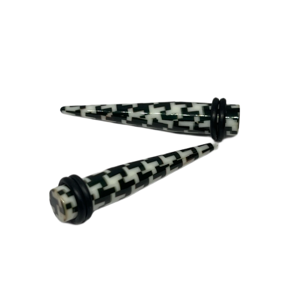 0G White with Black Pattern Long Acrylic Tapers