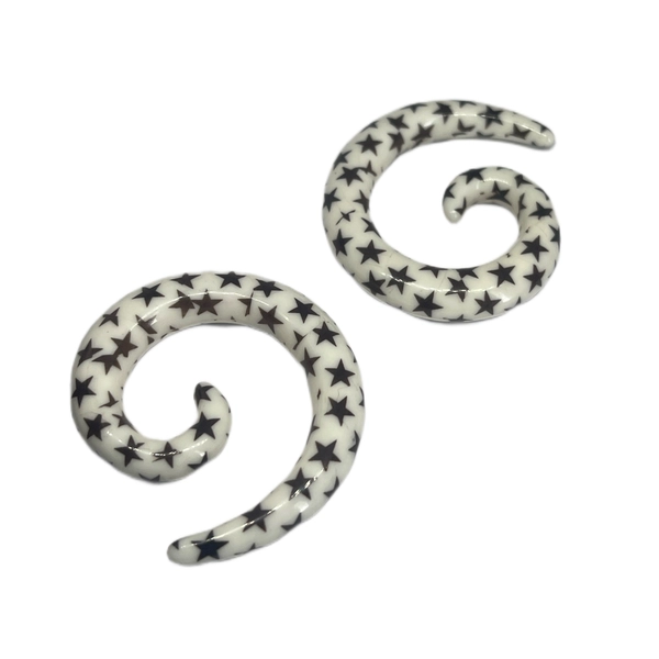 0G White with Black Stars Large Acrylic Spiral Hangers