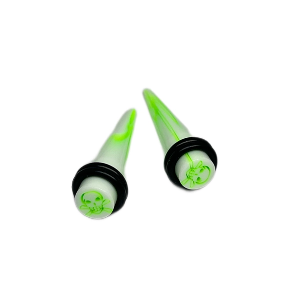 0G White with Green Skull Short Acrylic Tapers
