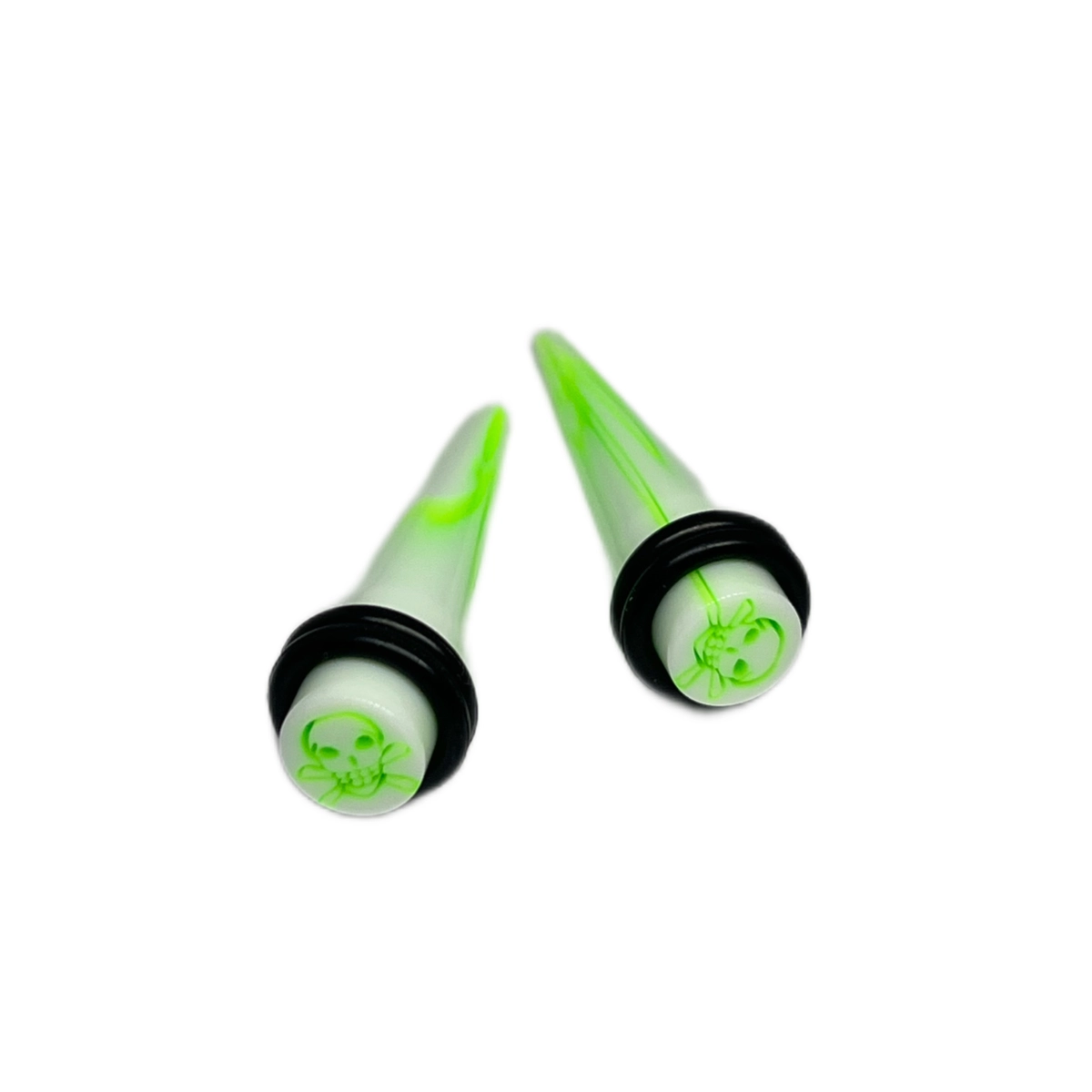 0G White with Green Skull Short Acrylic Tapers