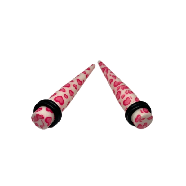 0G White with Pink Heart Long Acrylic Tapers