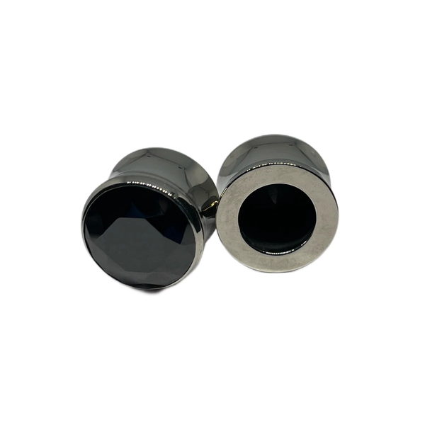 3/4 Steel Double Flared Plugs with Black CZ Gem