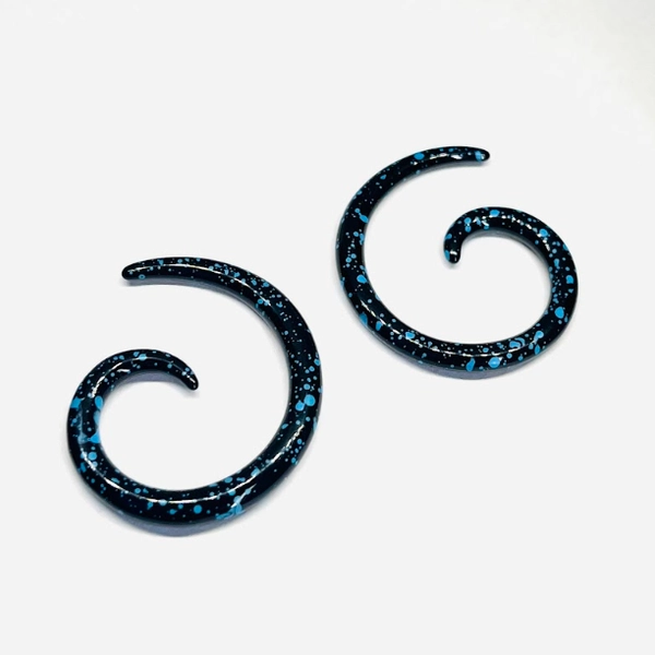 7G Black with Blue Splatter Medium Acrylic Spiral Tapers