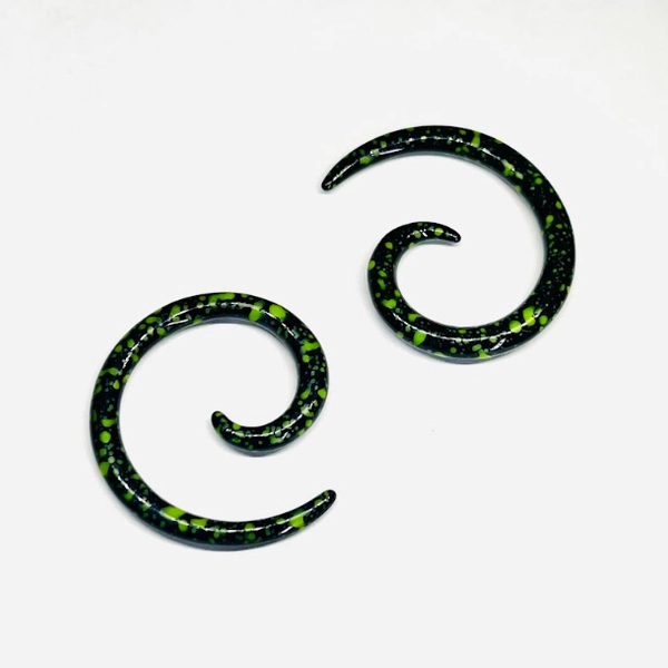 7G Black with Green Splatter Medium Spiral Tapers