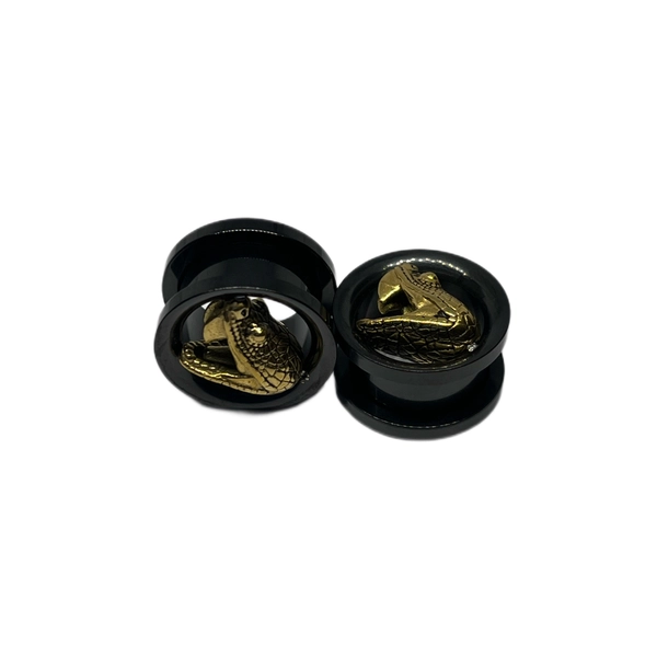 9/16 Black with Gold Double Flared Snake Screw-Back Plugs
